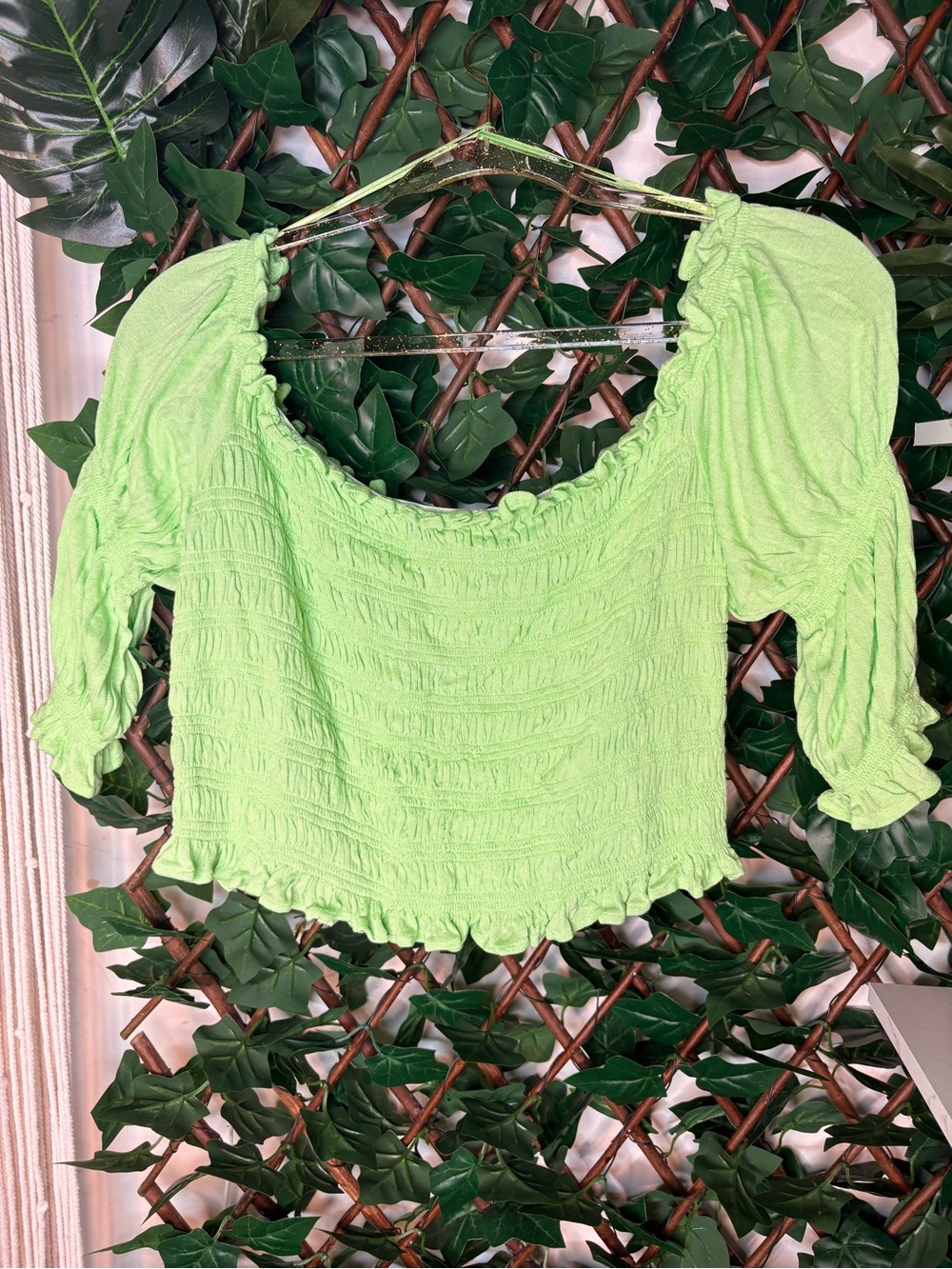 Urban Outfitters Lime Green Smocked Crop Top with Ruched Sleeves